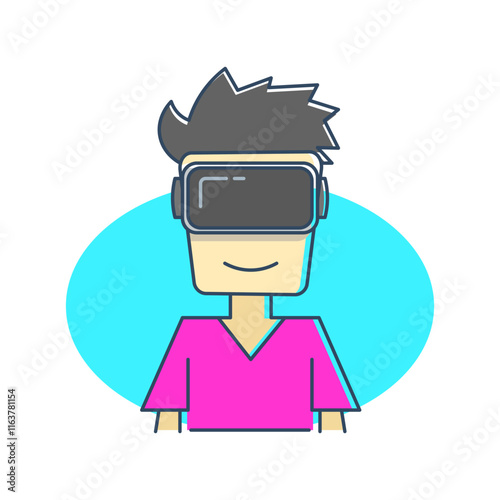 A character wears a virtual reality (VR) headset. This character has spiky hair and wears a pink shirt. Her facial expression shows enjoyment and involvement in the virtual world.