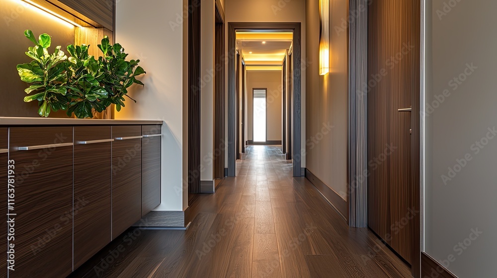 A sleek hallway with dark wood flooring, minimalist wall cabinets, and a plant adding life to the design