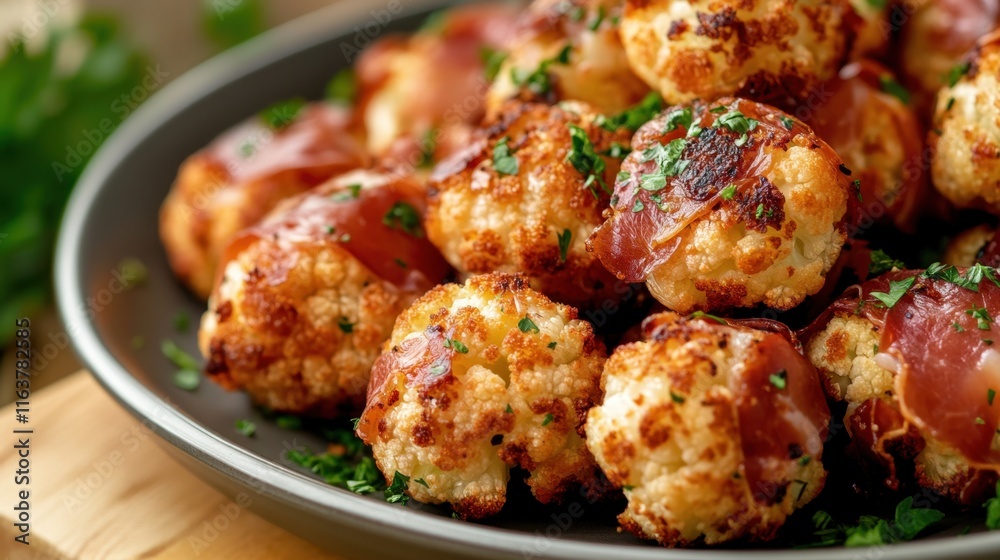 Roasted cauliflower bites with crispy prosciutto garnish for culinary inspiration Roasted cauliflower bites with crispy prosciutto garnish for culinary inspiration