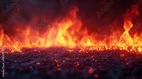 Fiery inferno burning on dark ground. photo