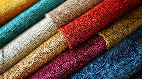 Vibrant assortment of colorful textured fabric rolls for creative interior design photo