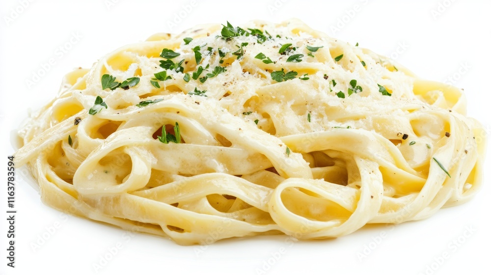 Creamy Alfredo fettuccine pasta topped with fresh herbs isolated Creamy Alfredo fettuccine pasta topped with fresh herbs isolated