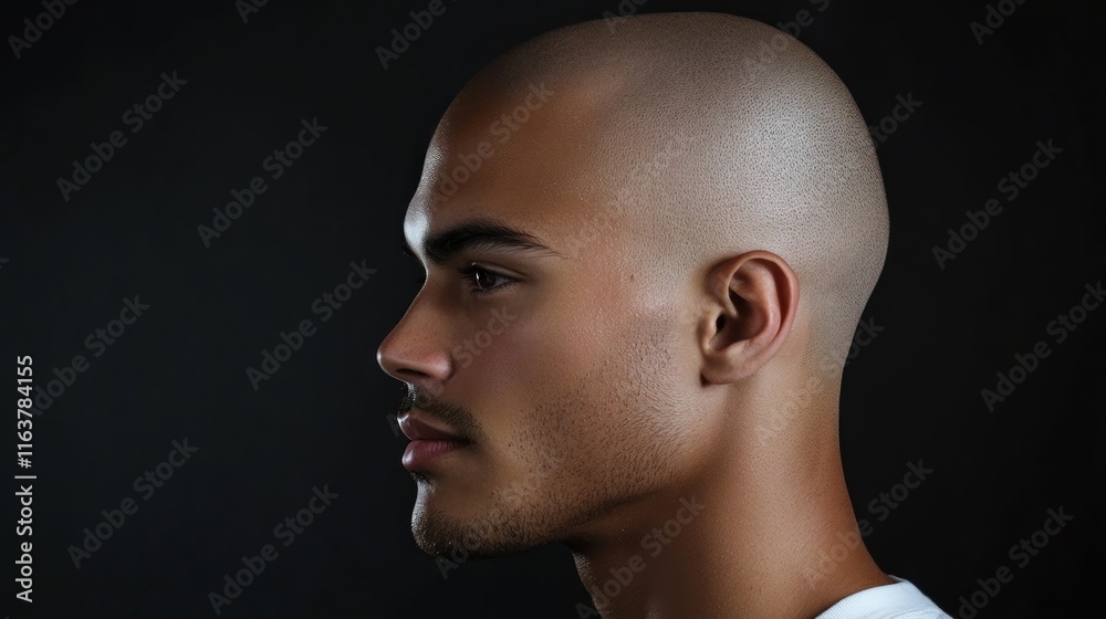 Profile of a young bald man against a dark background. Profile of a young bald man against a dark background.