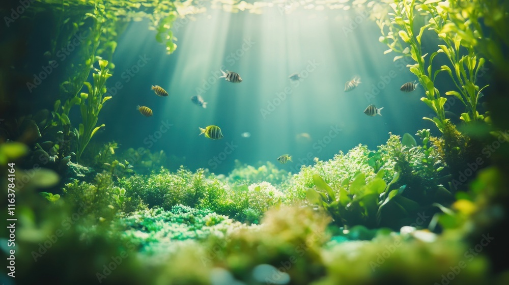 Fototapeta premium Sunbeams illuminate vibrant underwater scene with fish and plants.