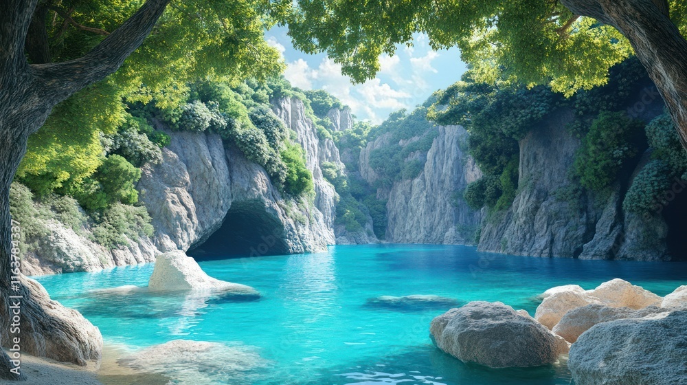 Naklejka premium Serene turquoise lagoon nestled in a lush green canyon, viewed from under shady trees.