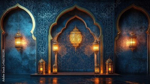 A traditional Islamic archway with ornate details and lit lanterns, set against a dark blue wall with a decorative pattern. photo