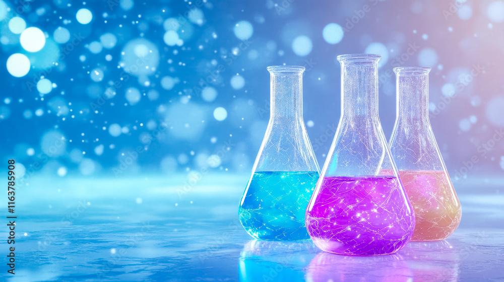 Flasks containing glowing liquid representing scientific discovery Flasks containing glowing liquid representing scientific discovery