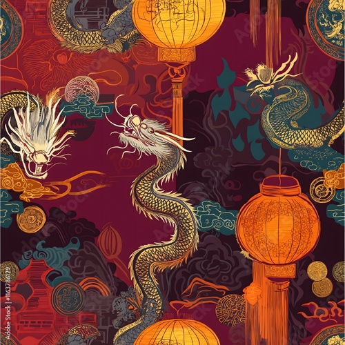 Serene Dragons and Lanterns: A mesmerizing seamless pattern featuring majestic golden dragons, vibrant lanterns, and intricate Asian-inspired motifs on a rich burgundy backdrop.