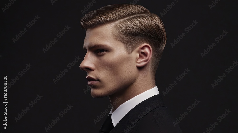 Profile of a young man with a classic hairstyle, wearing a black suit and white shirt. Profile of a young man with a classic hairstyle, wearing a black suit and white shirt.