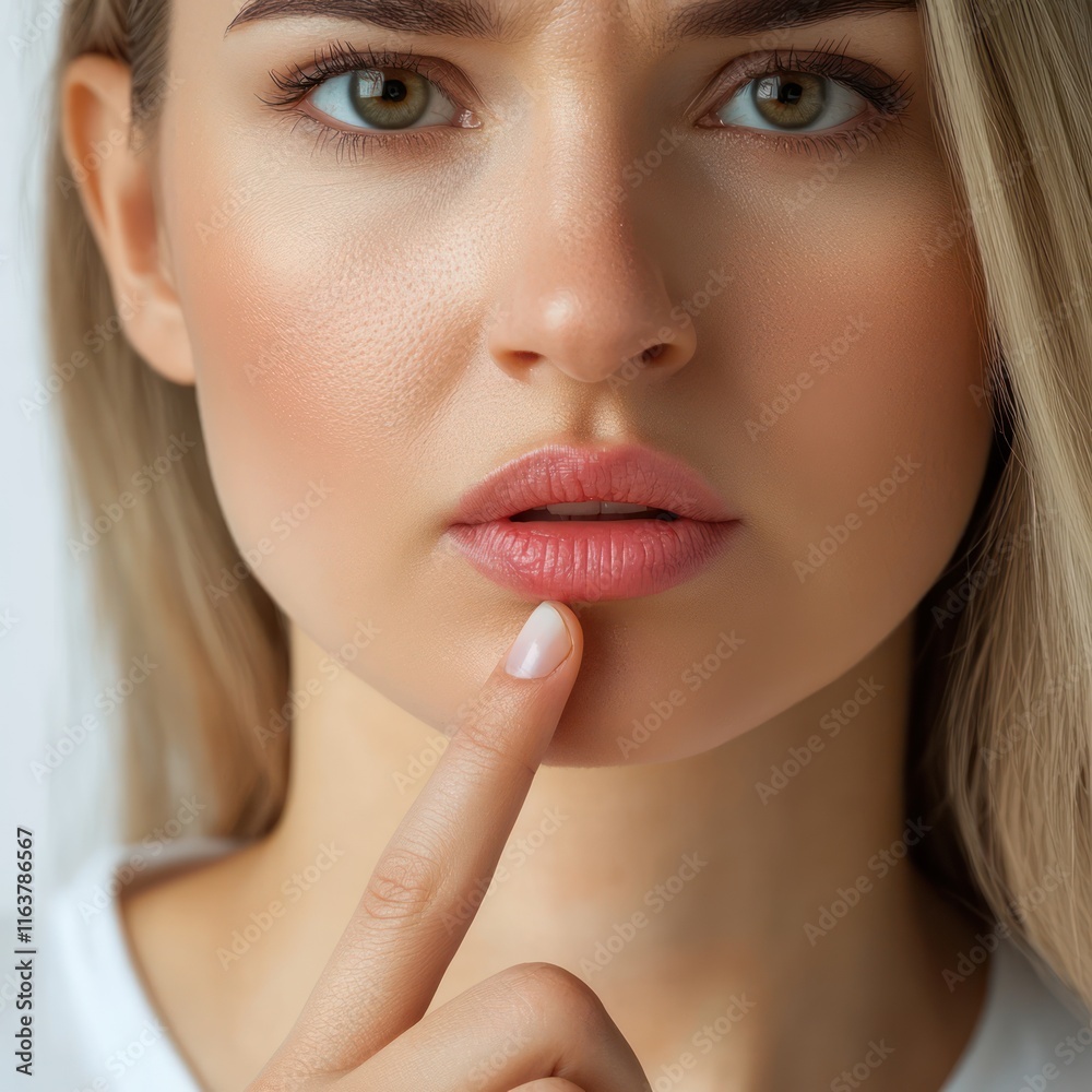 Herpes on the lip Young woman points Isolated on White Background Generative AI Herpes on the lip Young woman points Isolated on White Background Generative AI