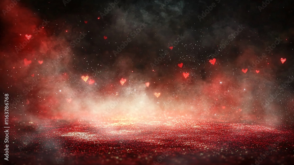 Fototapeta premium Romantic Red Glitter Hearts Background Valentines Day