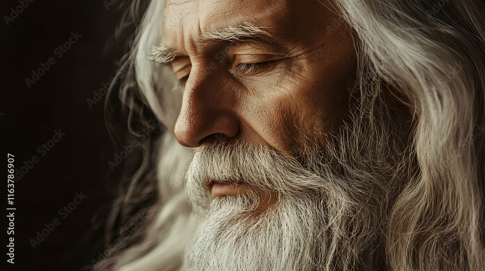 Introspective elderly man with long flowing gray hair and a beard gazing to the side, evoking a sense of contemplation Introspective elderly man with long flowing gray hair and a beard gazing to the side, evoking a sense of contemplation