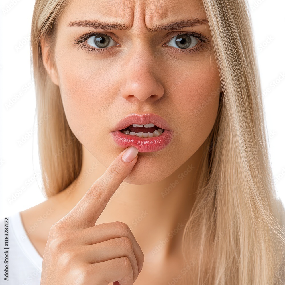 Herpes on the lip Young woman points Isolated on White Background Generative AI Herpes on the lip Young woman points Isolated on White Background Generative AI