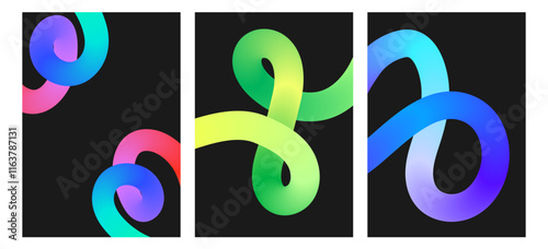 Set of flier with Colorful Wavy Swirl Ribbons. Background with gradient curve line. Vertical poster with acid wavy stroke