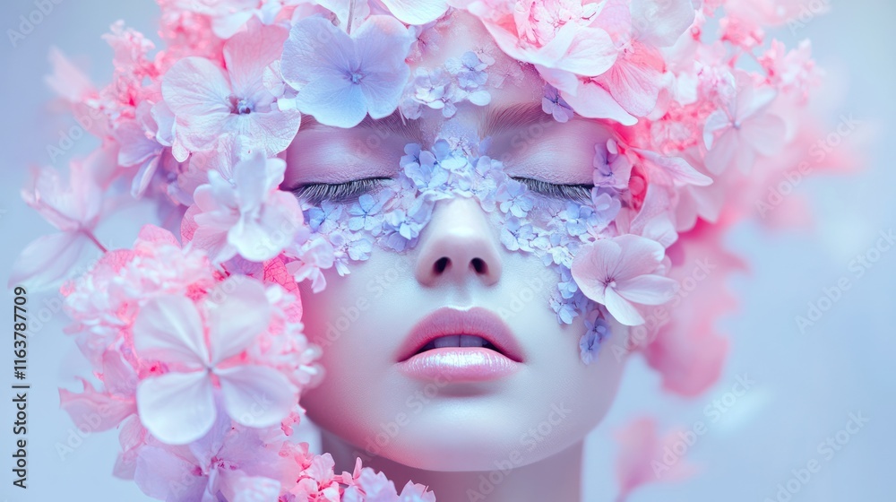 Naklejka premium Serene woman's face adorned with pink and purple flowers, eyes closed.