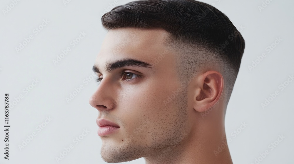 Profile of a young man with a short, stylish haircut against a white background. Profile of a young man with a short, stylish haircut against a white background.