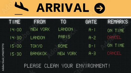 Flight information board in Black Orange ,Green and White Contrast 