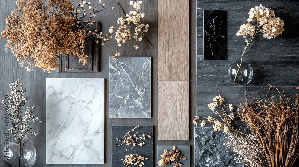 A soft-toned mood board with off-white marble, stone in muted greys, oak wood swatches, black slate tiles, and neutral gray walls