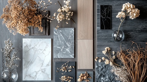 Obraz na płótnie A soft-toned mood board with off-white marble, stone in muted greys, oak wood swatches, black slate tiles, and neutral gray walls w salonie