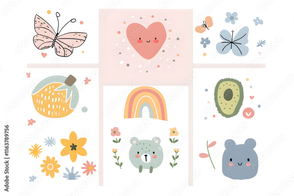 A set of pastel colored square icons with cute illustrations, pencil drawings and simple shapes, Generative ai A set of pastel colored square icons with cute illustrations, pencil drawings and simple shapes, Generative ai