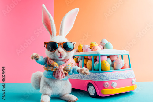 Stylish Easter bunny with sunglasses beside a colorful egg-filled bus.