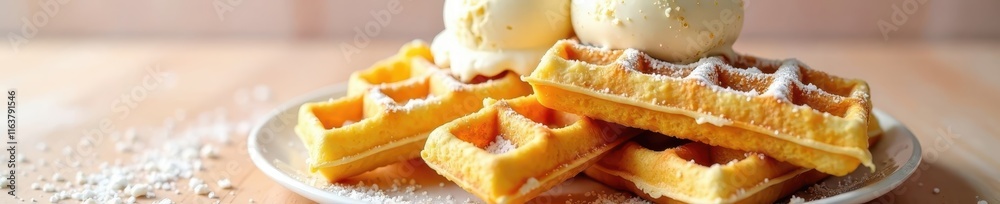 Golden waffles, scoops of ice cream, isolated , menu, studio, appetizing Golden waffles, scoops of ice cream, isolated , menu, studio, appetizing
