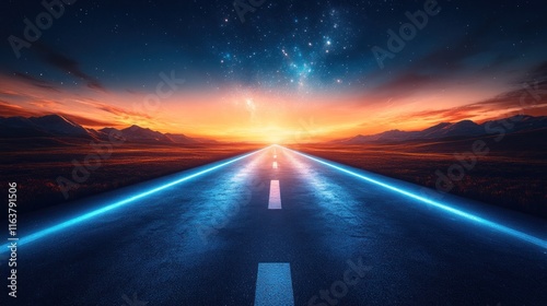 Glowing road to sunset and starry sky.