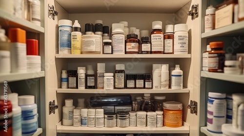 Well-organized medicine cabinet filled with various bottles and containers.