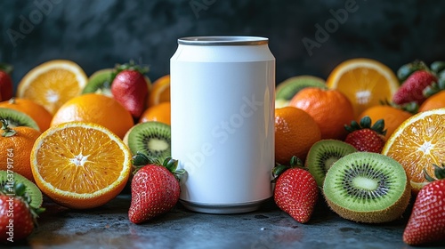Fototapeta Naklejka Na Ścianę i Meble -  Bright fruits surround blank can, symbolizing freshness and heal