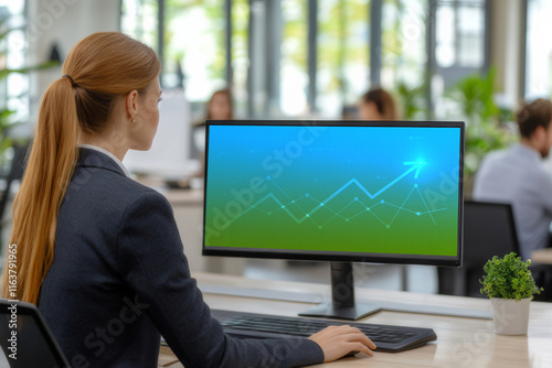 Back view of businesswoman with charts on her screen