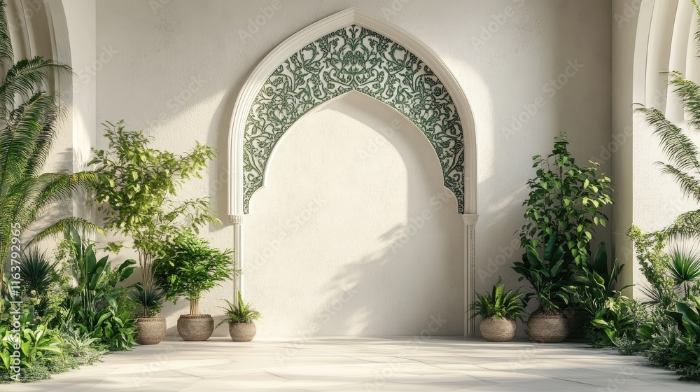 Fototapeta premium A white wall with an ornate archway and potted plants in an empty room.