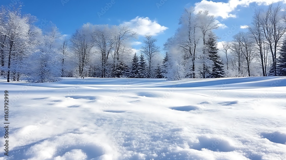 Snow covered landscape with winter trees under a blue sky