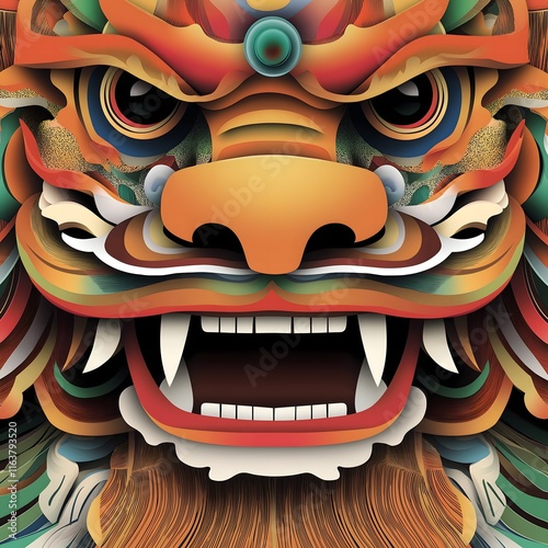 Majestic Lion Dance Mask: Intricate details and vibrant colors define this digital illustration of a traditional lion dance mask. Perfect for projects related to Chinese New Year. photo