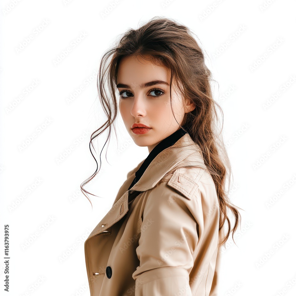 Horizontal image of stylish girl with trenches Isolated on White Background Generative AI Horizontal image of stylish girl with trenches Isolated on White Background Generative AI