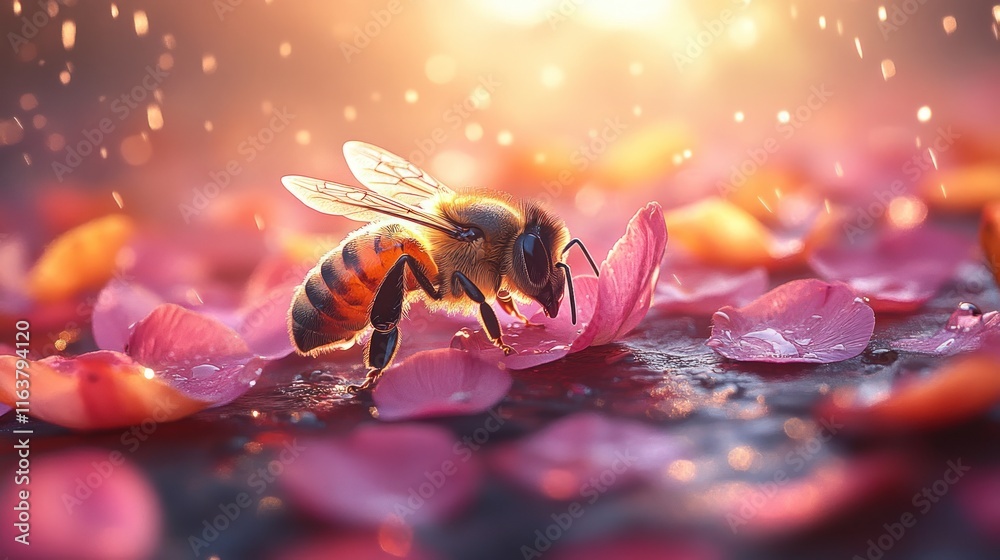 Honeybee pollinating pink petals at sunset. Honeybee pollinating pink petals at sunset.