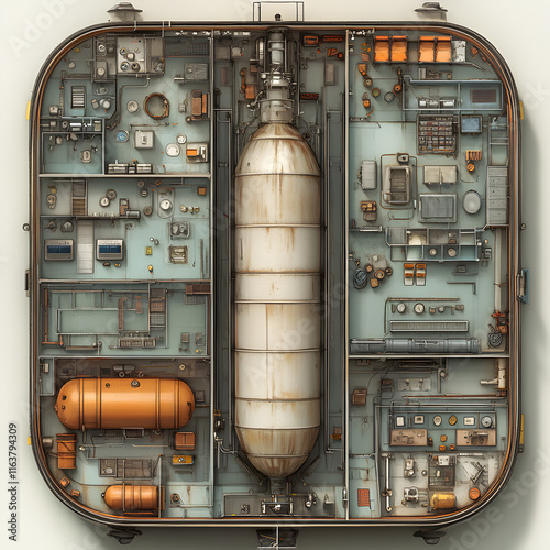 Top-Down View of a Futuristic Spacecraft or Vessel Interior: Detailed Engineering Design and Compartmentalization photo