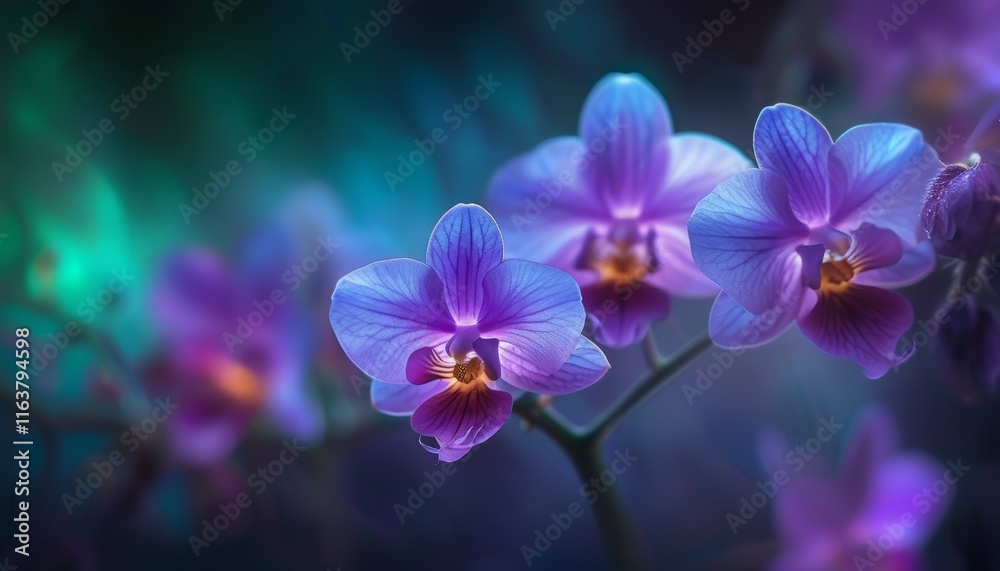 Ethereal Violet Orchid Blooms Against a Deep Emerald Background in Soft Focus Ethereal Violet Orchid Blooms Against a Deep Emerald Background in Soft Focus