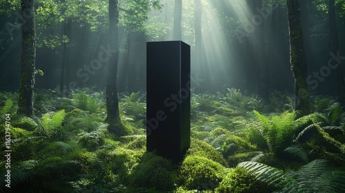 A mysterious black monolith stands amidst lush greenery in a sunlit forest.