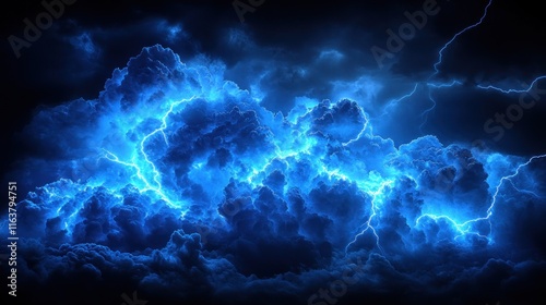 Intense blue lightning striking dark storm clouds.