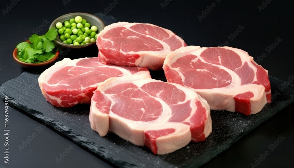 Fresh Raw Pork Neck on Slate Board with Garnishes of Green Onions and Cilantro for Culinary Use in Recipes and Food Presentations
