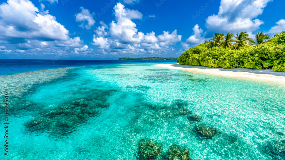 Fototapeta premium Tropical lagoon and white sand beach meeting lush vegetation in a sunny day