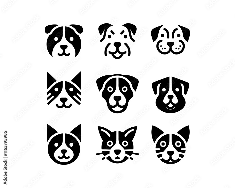Fototapeta premium Dog head icon set. Dog flat style. silhouette vector illustration. Flat style. Cartoon dog face logo design template
