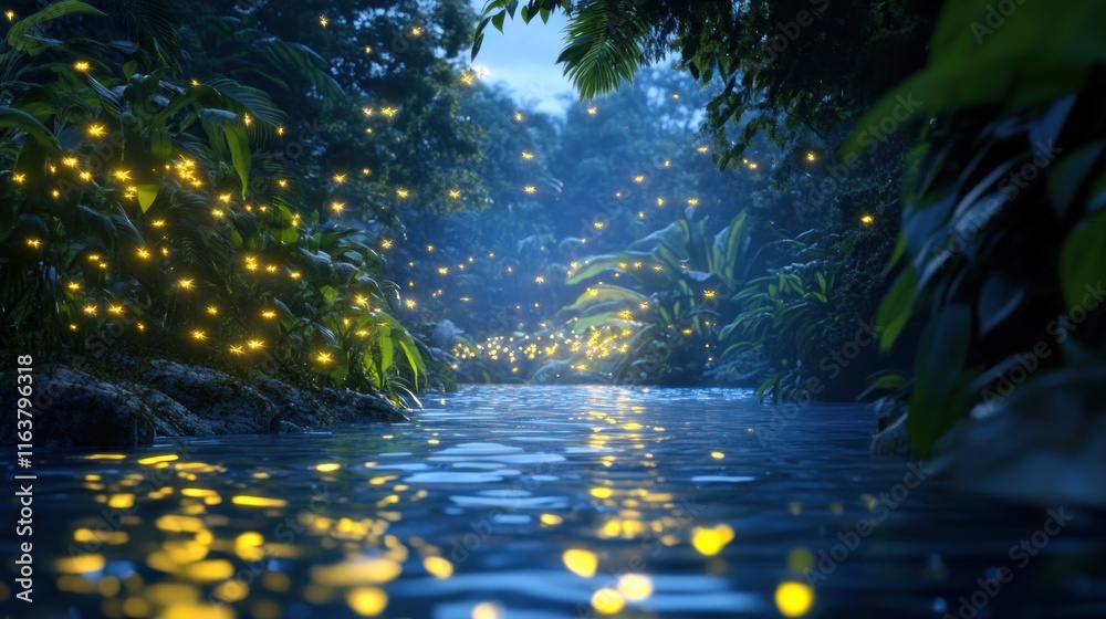 Fototapeta premium Magical fireflies illuminate a tranquil jungle stream at twilight.