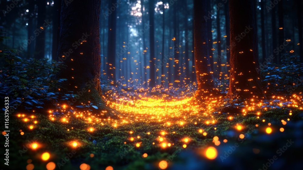 Enchanting fireflies illuminate a mystical forest path at twilight. Enchanting fireflies illuminate a mystical forest path at twilight.