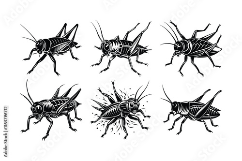 Cricket (Gryllidae) insect silhouette design, labeled linocut vector illustration.