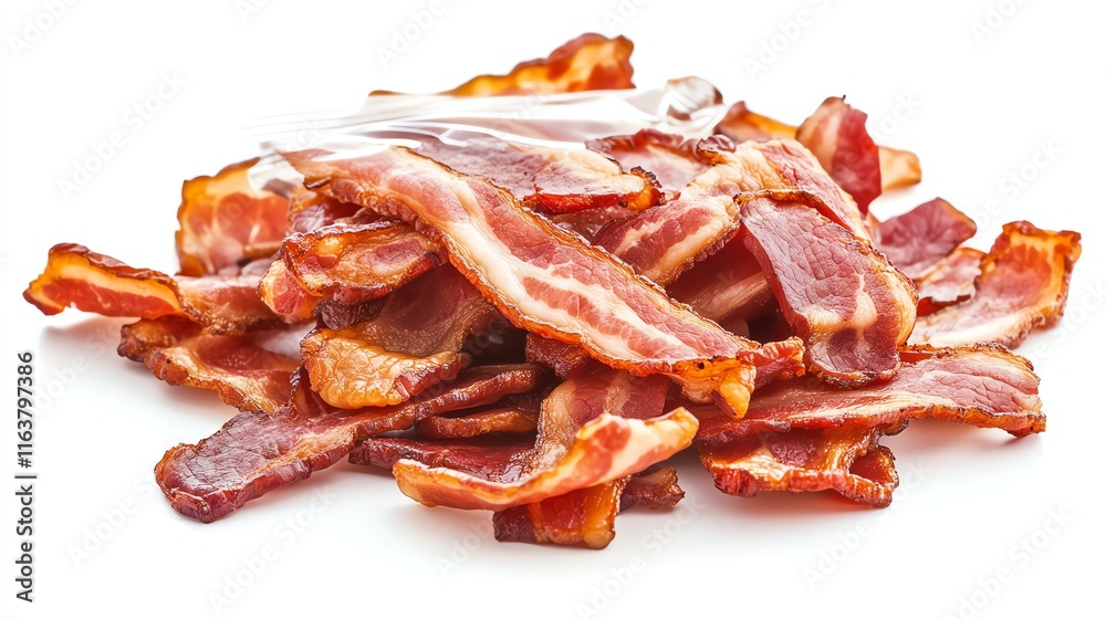 Crispy fried bacon strips on a white isolated background. Crispy fried bacon strips on a white isolated background.