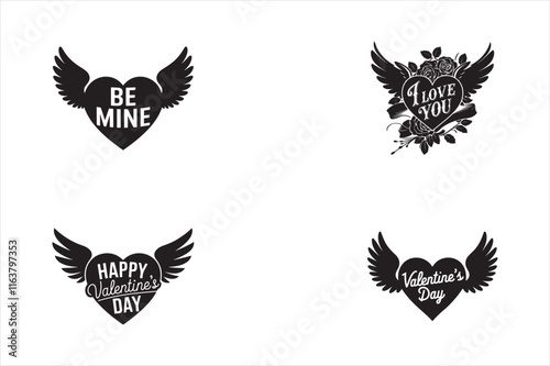 Set of Black heart with wings silhouette. Heart icon collection, isolated flying valentines day decoration. Romantic vector symbol