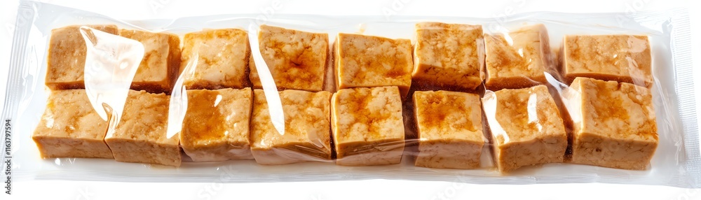 Delicious squares of caramel fudge in clear packaging, white isolate background. Delicious squares of caramel fudge in clear packaging, white isolate background.