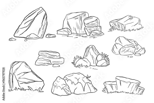 Stones outline drawing. Isolated rock line arts. Mountain boulders sketch. Hand drawn rubble groups. Ruins outline template