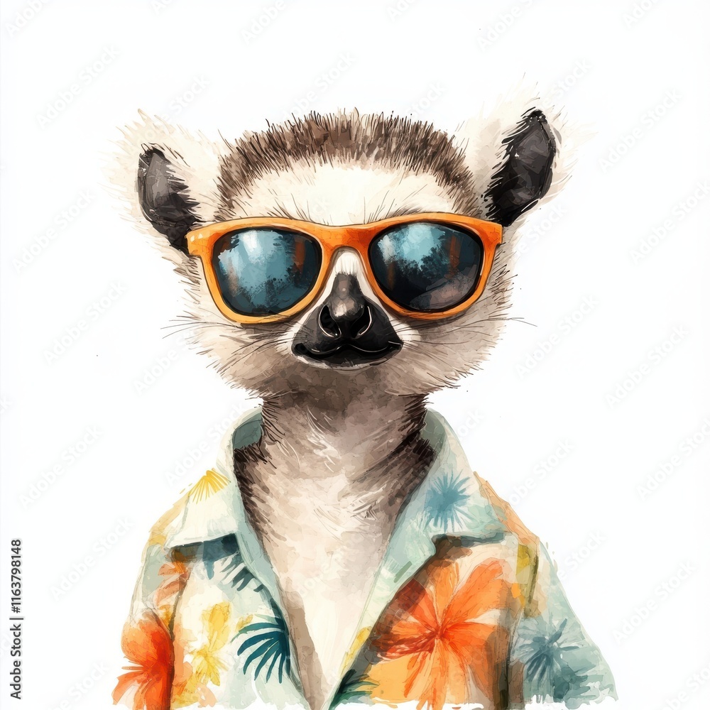 Fototapeta premium Adorable lemur in sunglasses and a Hawaiian shirt with a white background